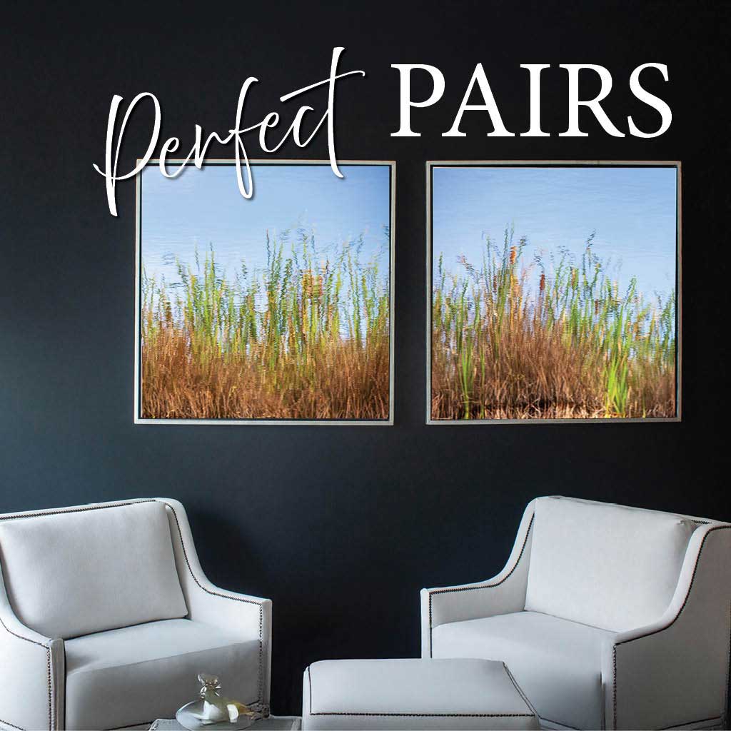 a set of art featuring bullrushes in a sitting area