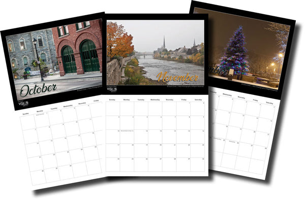 Views of the October, November and Decmeber pages in hte 2024 Cambridge Views calendar