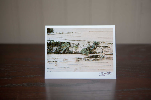 Photo Greeting card featuring 'Birch' a close up photograph of white birch with green lichen photo by Cambridge Ontario Photographer Laura Cook of Vision Photography