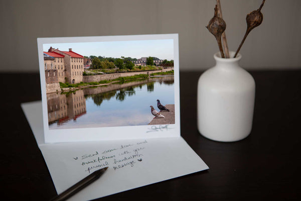 beautiful greeting card featuring Galt Love Photo of pigeons and the old mill in CambridgePhoto by Cambridge Ontario Photographer Laura Cook of Vision Photography