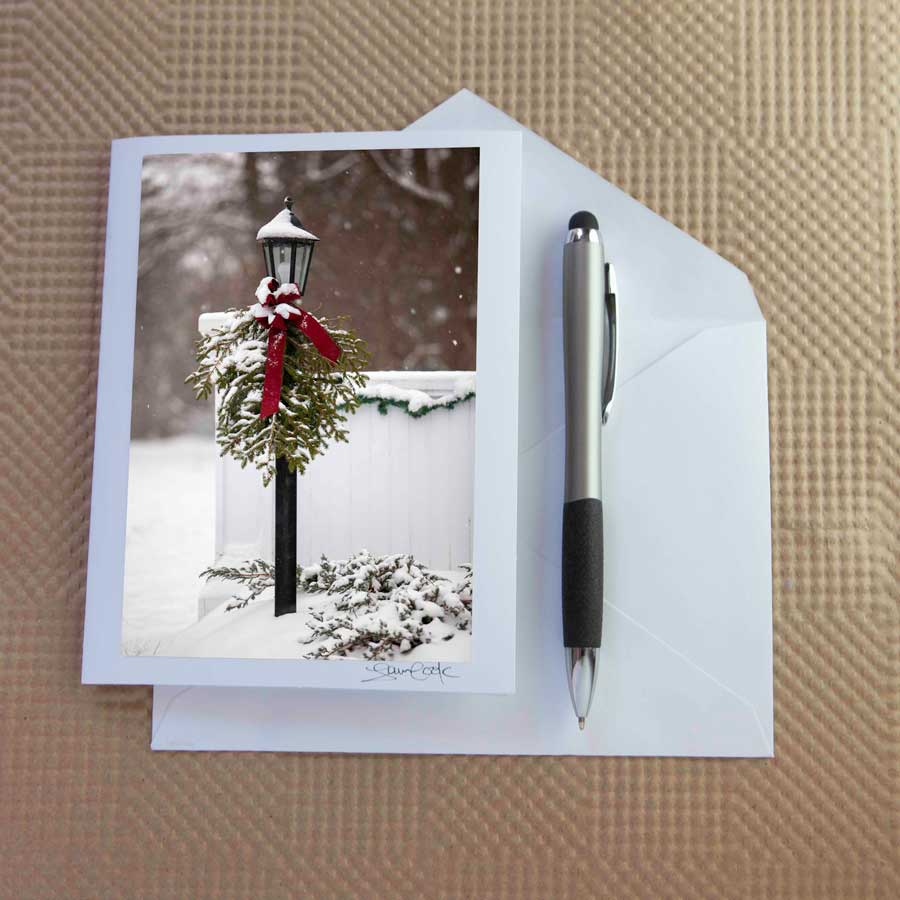 Christmas card pack of wintery scenes by Laura Cook / Vision Photography features a photo of a lamp post covered in a wintry bough with a red velvet bow