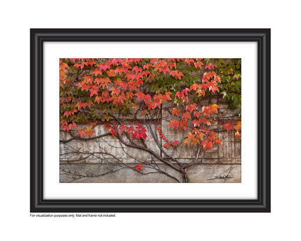 Fall Photograph of red and green vines climbing on a neutral brick wall  in the shape of a family tree Photo by Cambridge Ontario Photographer Laura Cook of Vision Photography