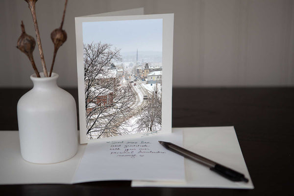 Greeting card featuring 'Winter on Main ' a photograph of main street Downtown Galt Cambridge in the winter, it is beautiful and makes a perfect greeting card Photo by Cambridge Ontario Photographer Laura Cook of Vision Photography
