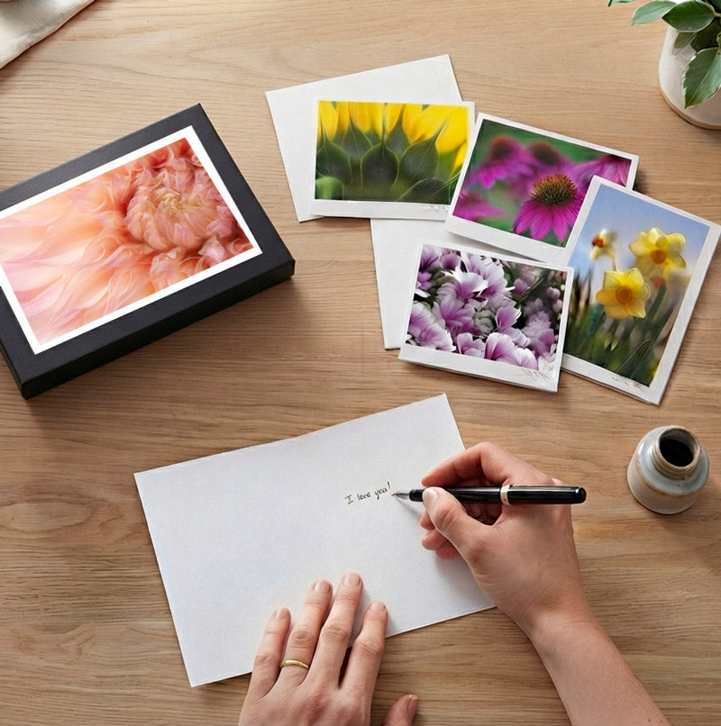 A curated 5-pack set of botanical fine art note cards by photographic artist Vision Photography, featuring vibrant floral photography perfect for client thank-you notes.