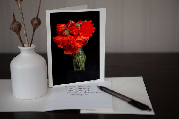 A beautiful photo greeting card of poppies in a vase  photo by Laura Cook of Vision Photography