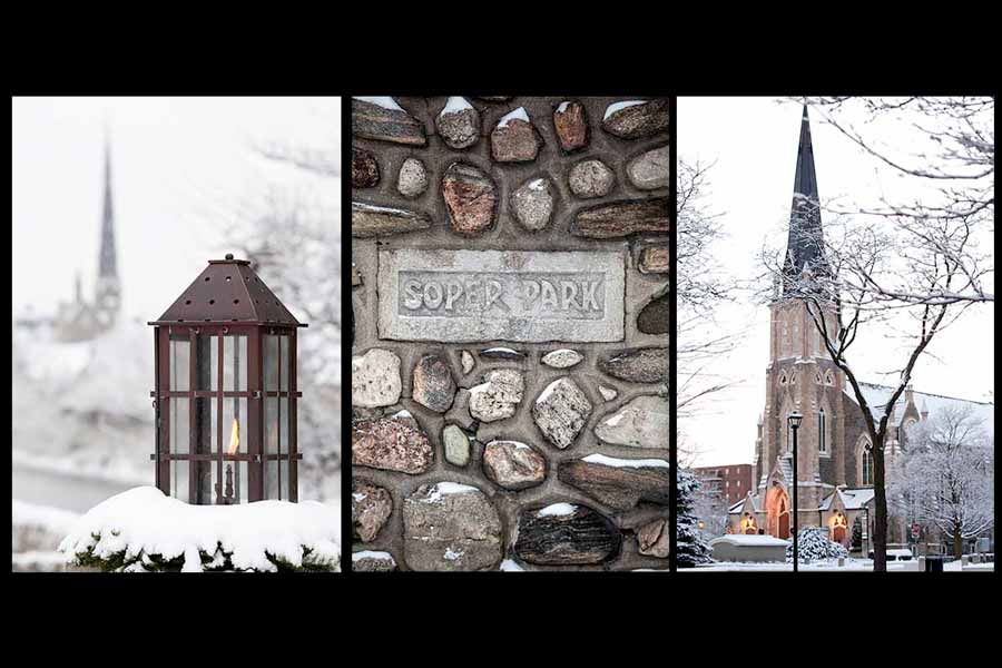 Christmas card pack of Cambridge Ontario ( Galt) by Laura Cook / Vision Photography features a photo of lantern with Central Presbyterian in the background, a photo of Soper park name plate and a photo of historic Knox Church 
