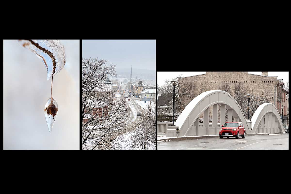 Winter photographs in a set of handmade photo greeting cards for Christmas featuring three beautiful photographs of frozen nature form the ice storm, a view of main street Cambridge  on a snowy's winter day and a view of main street bridge with a red Kia diving over it in on a wintery day  Photo by Cambridge Ontario Photographer Laura Cook of Vision Photography