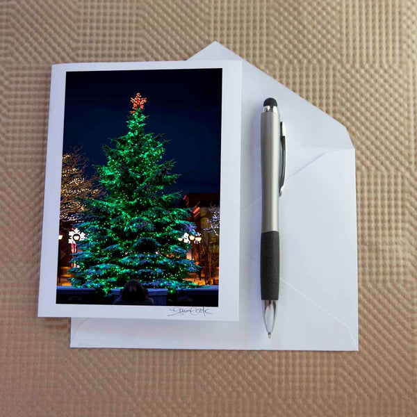 Christmas card pack of Cambridge Ontario ( Galt) by Laura Cook / Vision Photography features a photo of the Christmas Tree in Centennial Fountain Queens Square Downtown Galt, Cambridge