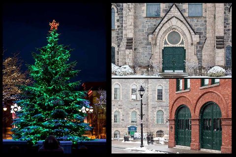 Christmas card pack of Cambridge Ontario ( Galt) by Laura Cook / Vision Photography features 3 Cambridge Christmas photos, a Christmas Tree, Welsely Church and CFD Museum and Cambridge City Hall in the Winter