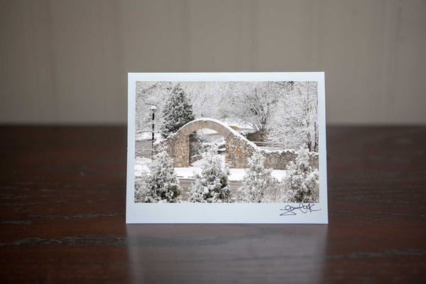 Greeting card featuring "Frosted Arches" a photo of Millrace park arches with a heavy snowfall, beautiful Photo by Cambridge Ontario Photographer Laura Cook of Vision Photography