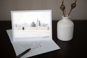 Hand made Christmas-greeting card featuring "Going to Grandads'  a photo of two boys walking over Parkhill bridge in Cambridge in a snowy wintery scene Photo by Cambridge Ontario Photographer Laura Cook of Vision Photography