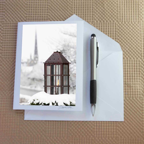 Christmas card pack of Cambridge Ontario ( Galt) by Laura Cook / Vision Photography features a photo of lantern with Central Presbyterian in the background, 