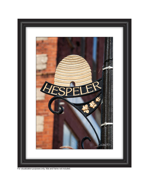 Hespeler Village, a beehive of activity since 1859, photog of the iconic street sign in Hespeler Cambridge by Laura Cook, local Cambridge Photographer of Vision Photography
