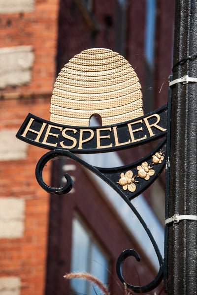 Hespeler Village, a beehive of activity since 1859, photog of the iconic street sign in Hespeler Cambridge by Laura Cook, local Cambridge Photographer of Vision Photography