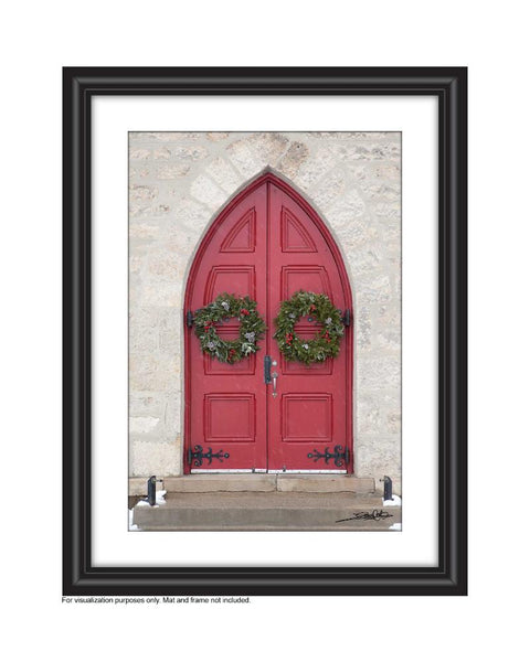 Red Door with Christmas Wreaths in snowfall Photo by Cambridge Ontario Photographer Laura Cook of Vision Photography