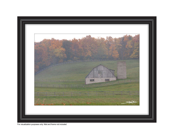 Photo of a Misty Barn set in the rolling hills and fall leaves in the background A uniquely rich photograph of fallen autumn maple leaves on a tree stump on the fall forest floor Photo by Cambridge Ontario Photographer Laura Cook of Vision Photography