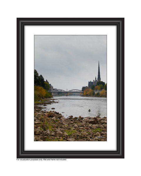 Grand River view of main street bridge and central presbyterian in the Fall Photo by Cambridge Ontario Photographer Laura Cook of Vision Photography