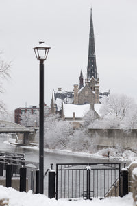 Photo of Central Presbyterian from Millrace Park in Cambridge in the winter Photo by Cambridge Ontario Photographer Laura Cook of Vision Photography