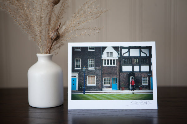 photo greeting card featuring "London Charm" image of ine Queen;s Guard stanig outside the Queens residence at Tower of London image created by Laura Cook 