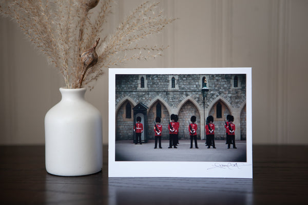 photo greeting card featuring "Queen's Guard" image of the Queen's Guard  outside the Windsor Castle in Windsor, UK image created by Laura Cook 