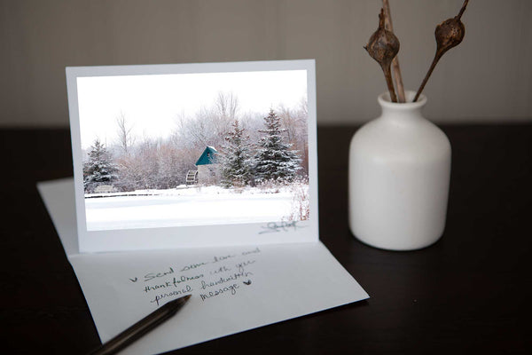 Photo greeting card featuring 'Silent Slumber' a photo of Cambridge Churchill Park Mill with snowy trees surrounding it the perfect winter scene for a holiday Christmas card  Photo by Cambridge Ontario Photographer Laura Cook of Vision Photography
