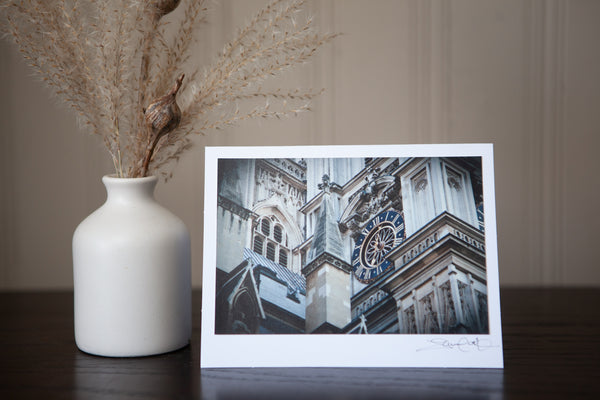 photo greeting card featuring "Westmeinster Abbey" image of Westminster Abbey Clock tower on an angle image created by Laura Cook 