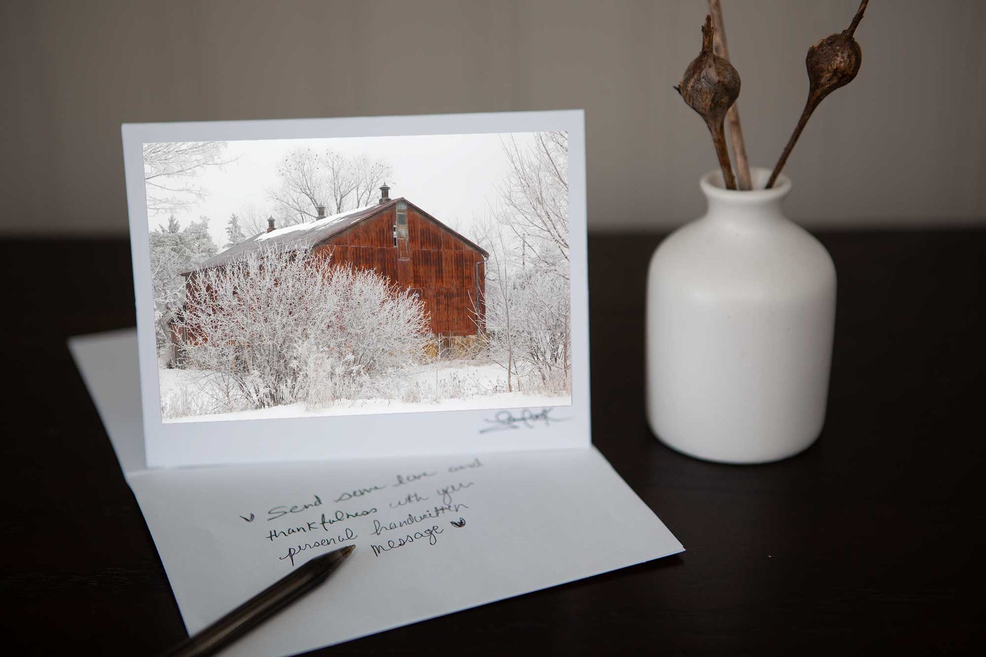 Christmas Greeting Card featuring 'Winter Barn' A photograph of a rusty winter ban set in  a snowy wintery scene Photo by Cambridge Ontario Photographer Laura Cook of Vision Photography