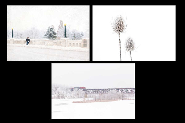hand made Winter Christmas Card set makes the perfect greeting cards this holiday season. This set feature three wintery photos featuring boys walking across a snowy bridge, two frosted tease cones and a red CN train going across a train bridge elevated above the grand river in Cambridge Photo by Cambridge Ontario Photographer Laura Cook of Vision Photography