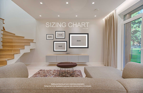 sizing chart for matted and framed photographs to visualize space they fill  